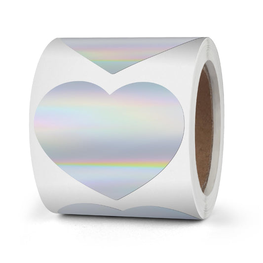 Holographic Silver Heart Thermal Labels Vinyl 2 Inch Self-Adhesive Printable Gift Stickers Roll Waterproof Decals for Decoration QR Code DIY Name Tag 200 PCS