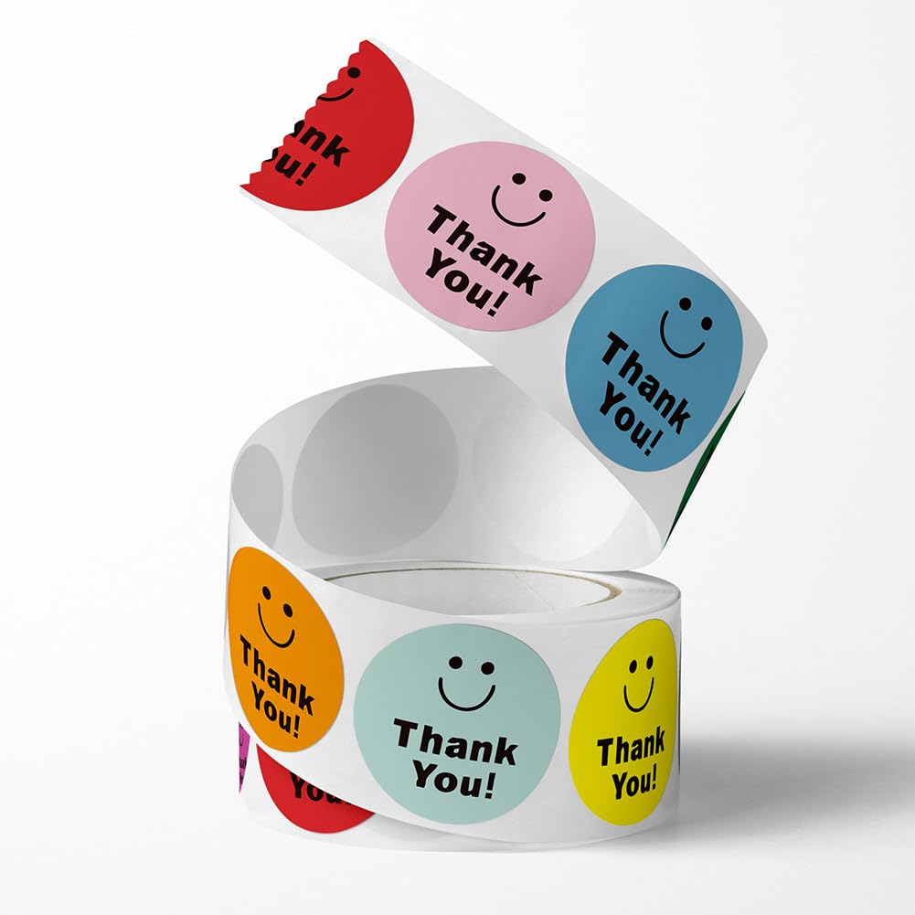 500 Pcs Thank You Stickers 8 Designs Colorful Smiley 1 Inch Thank You Stickers for Packaging Thank You Stickers for Baking Packaging Envelope Seals Small Business Thank You Label