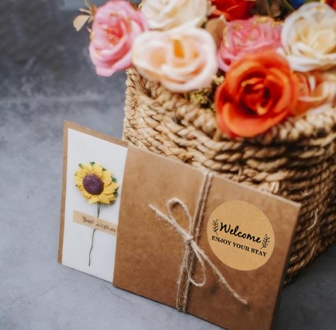 500 PCS Welcome Hotel Guest Kraft Paper Stickers Welcome Enjoy Your Stay Stickers Hotel Key Card Envelope Seals for Welcoming Guests and Decorating (Pack of 2) 2 inches in diameter (Pack of 2)