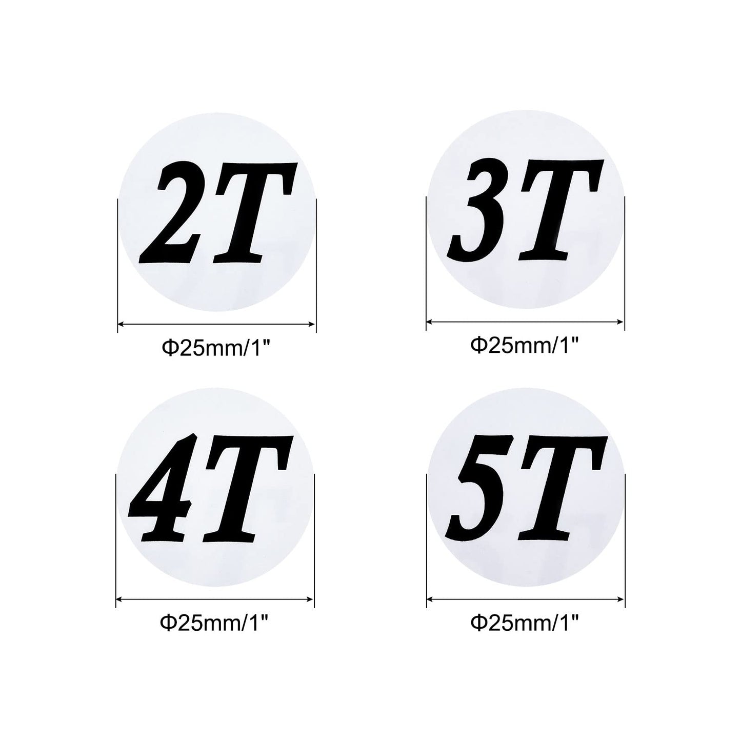MECCANIXITY Clothing 2T/3T/4T/5T Size Sticker Label Coding Label 25mm/1inch Dia 4 Roll 2000 Round Labels for Retail Clothes Apparel