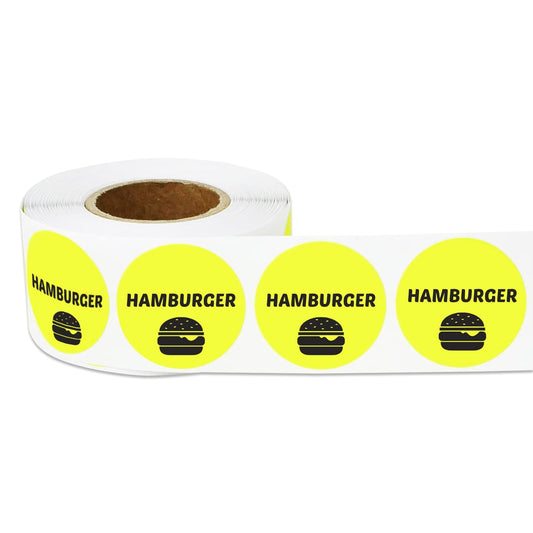 600 Hamburger Stickers, 1" Round Hamburger Food Labels Meat Stickers Deli Pantry Catering Food Truck Grocery Store Menu Meal Choice Sticker Meat Package Food Labeling, Yellow - 2 Rolls of 300 Labels