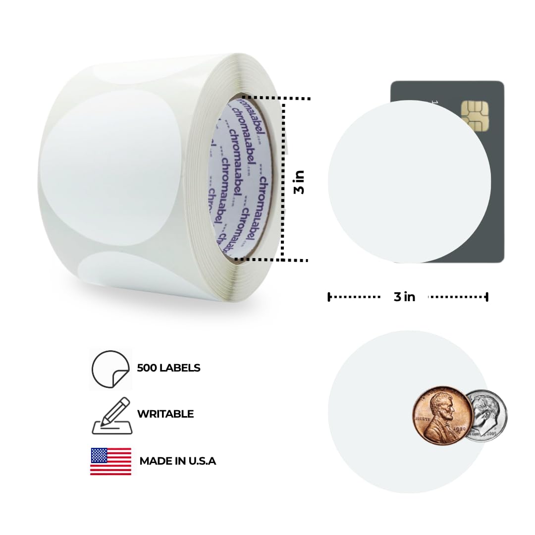 ChromaLabel 3-inch white circle sticker labels, colorful round labels for color-coding, easy to write on, permanent, 500 stickers per roll