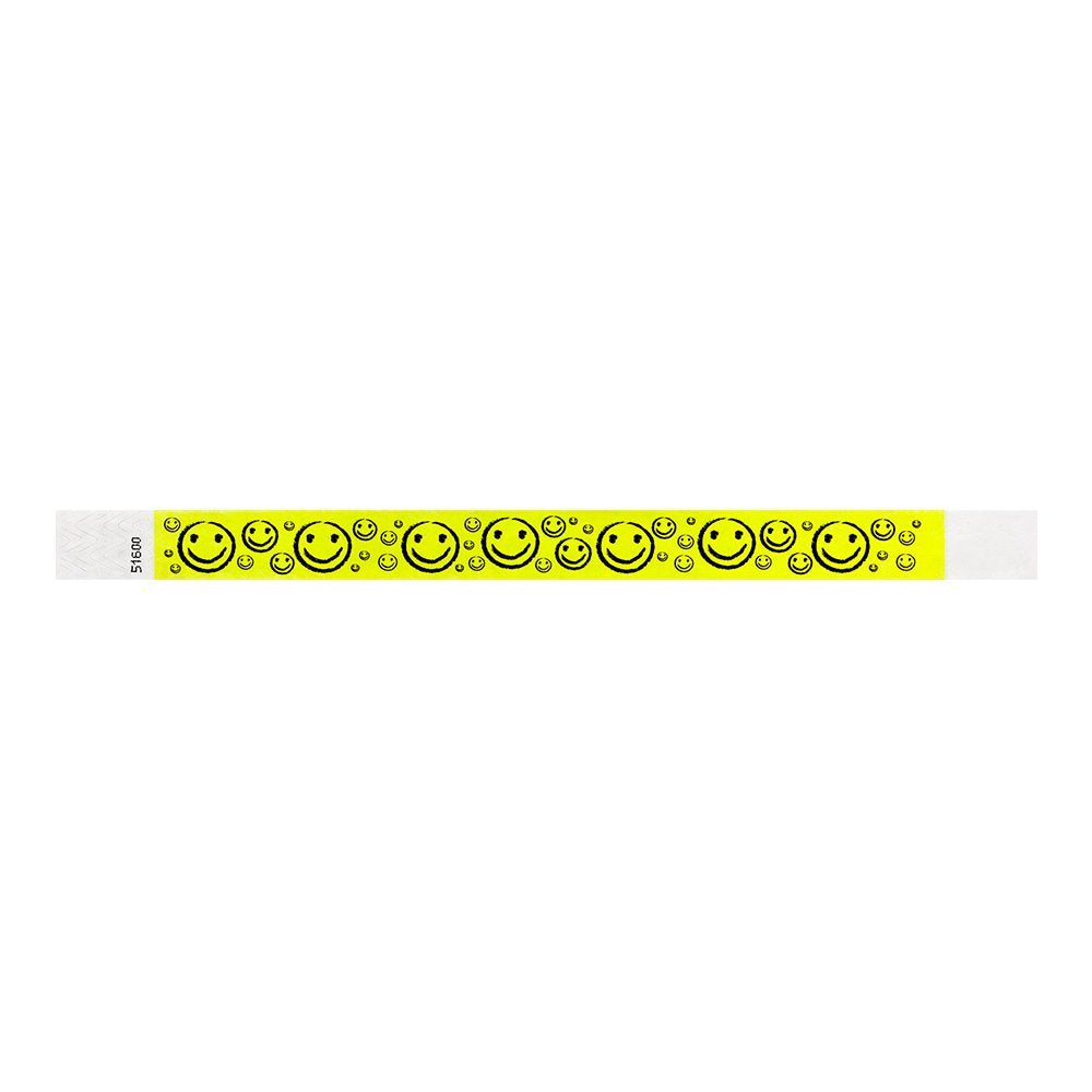 200 WristCo Yellow Smiley Face Tyvek Wristbands for Events - ¾” x 10” - Waterproof Recyclable Comfortable Tear Resistant Paper Bracelets Wrist Bands for Concerts Festivals Admission Party Neon Yellow 200 Count