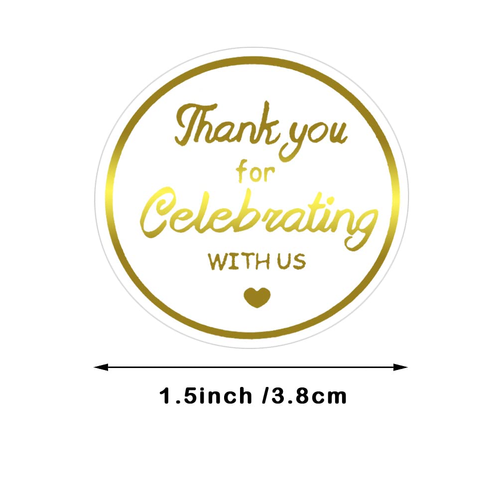 Gold Foil Thank You for Celebrating with Us Sticker Roll 500 Pcs Round Clear Wedding Stickers Glitter Seal Stickers Labels 1.5 Inch