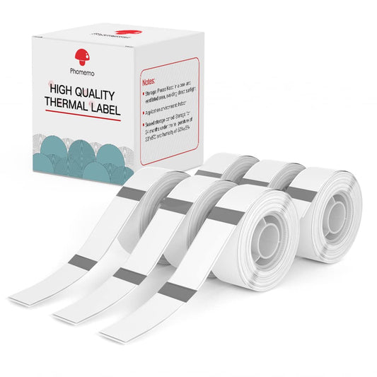 Phomemo D30 Label Maker Clear Tape, Black on Transparent Sticker Thermal Paper, Pre-Cut Self-Adhesive Label Tapes, 14 x 30mm /0.55 x 1.1 Inch (1/2" x 1 1/8") 210 Tapes/Roll, 6-Roll