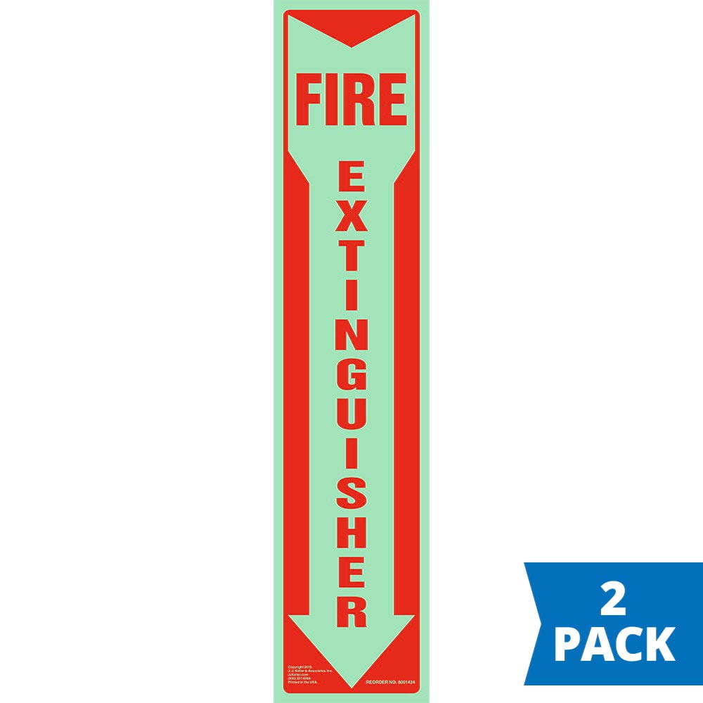 Fire Extinguisher Signs Glow in The Dark 2-pk., 3" x 13.5" Permanent Self Adhesive Vinyl with Rounded Corners, ASTM, DIN, ISO, IMO RES A.752(18), PSPA Compliant, J. J. Keller & Associates, Inc.