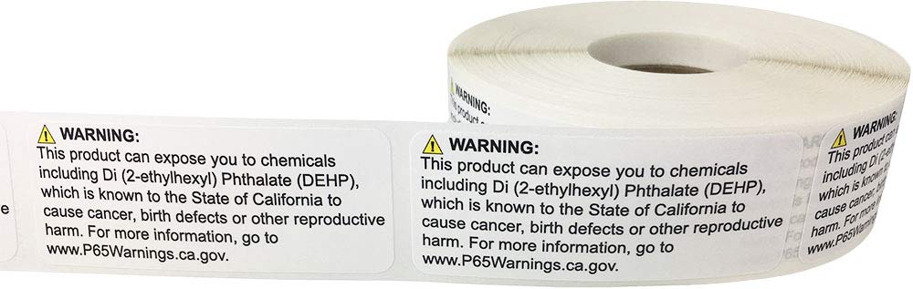 All-purpose labels featuring Prop 65 Di (2-ethylhexyl) Phthalate (DEHP) warning label on white paper sheet.