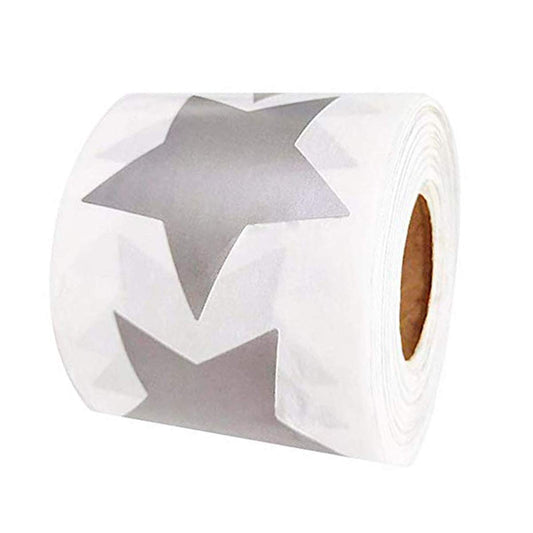 Silver Metallic Foil Star Shape Paper Sticker Labels 2" - Writable Star Seal Labels, Teacher Supplies (500 Per Roll) 2 inch