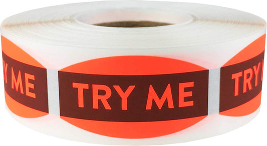 Try Me Grocery Store Food Labels .75 x 1.375 inch Oval Shape 500 Total Adhesive Stickers