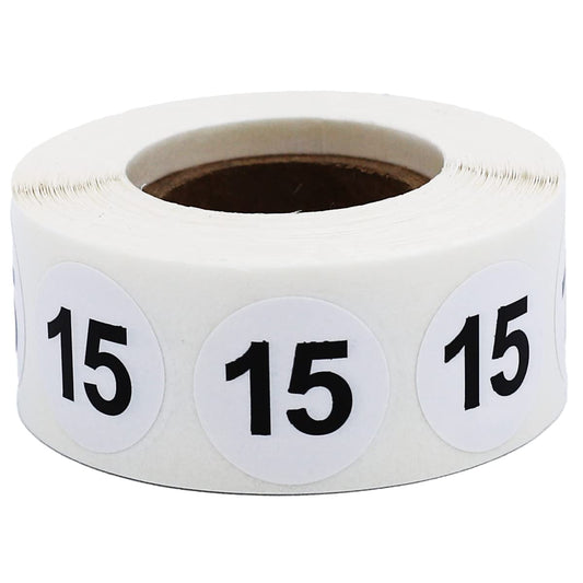 White with Black Number 15 Circle Dot Stickers, 3/4 Inch Round, 500 Labels on a Roll for Organization and Inventory - Semi-Gloss Finish - Made in The USA #15