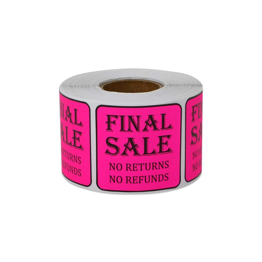 Final Sale Stickers - No Returns No Refunds - 1.5 x 1.5 Inch Square in Neon Pink for Retail Grocery Clearance Final Sales Garage Yard Sale Rummage Thrift Stores Labels - 300 Labels per Roll Final Sale 1 Roll