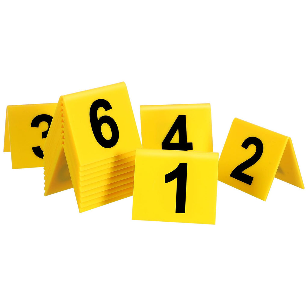 SEWACC 15 Pcs Acrylic Table Number Cards, Sturdy Plastic Yellow Restaurant Place Cards with Black Numbers 1-15, High Visibility Table Tents for Cafes And Banquets, Seating Markers