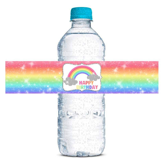 Rainbow Sparkle Themed Birthday Party Waterproof Water Bottle Sticker Wrappers, 20 1.75" x 8.5" Wrap Around Labels by AmandaCreation