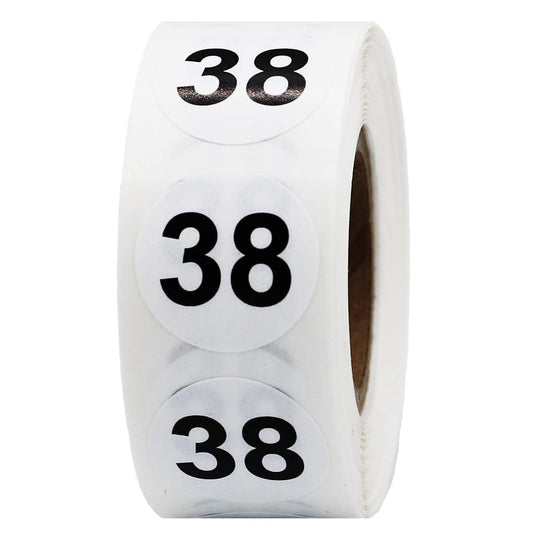 White with Black Number 38 Circle Dot Stickers, 3/4 Inch Round, 500 Labels on a Roll for Organization and Inventory - Semi-Gloss Finish - Made in The USA #38