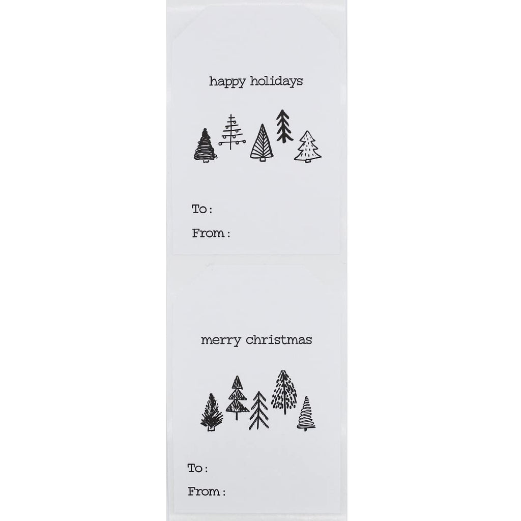 Boho style Christmas tree gift tag stickers on white semi-gloss adhesive tags, eco-friendly holiday labels with unique tree designs.