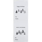 Boho style Christmas tree gift tag stickers on white semi-gloss adhesive tags, eco-friendly holiday labels with unique tree designs.