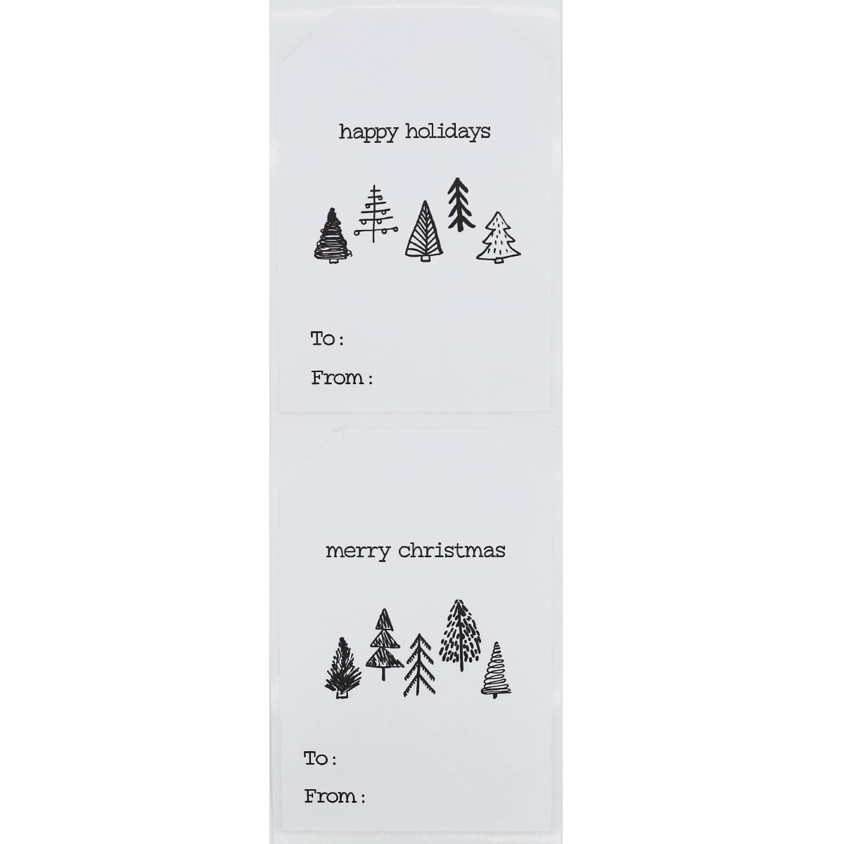 Boho style Christmas tree gift tag stickers on white semi-gloss adhesive tags, eco-friendly holiday labels with unique tree designs.