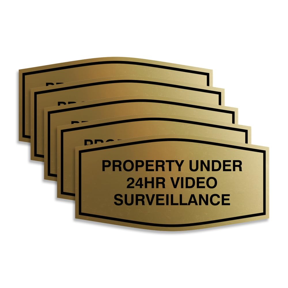 All Quality Fancy Property Under 24Hr Video Surveillance Sign | Property Security Sign with Easy Installation | 24/7 Security Monitoring (Brushed Gold) - Medium 5 Pack 7 x 3.5" - Med (5 Pack) Brushed Gold