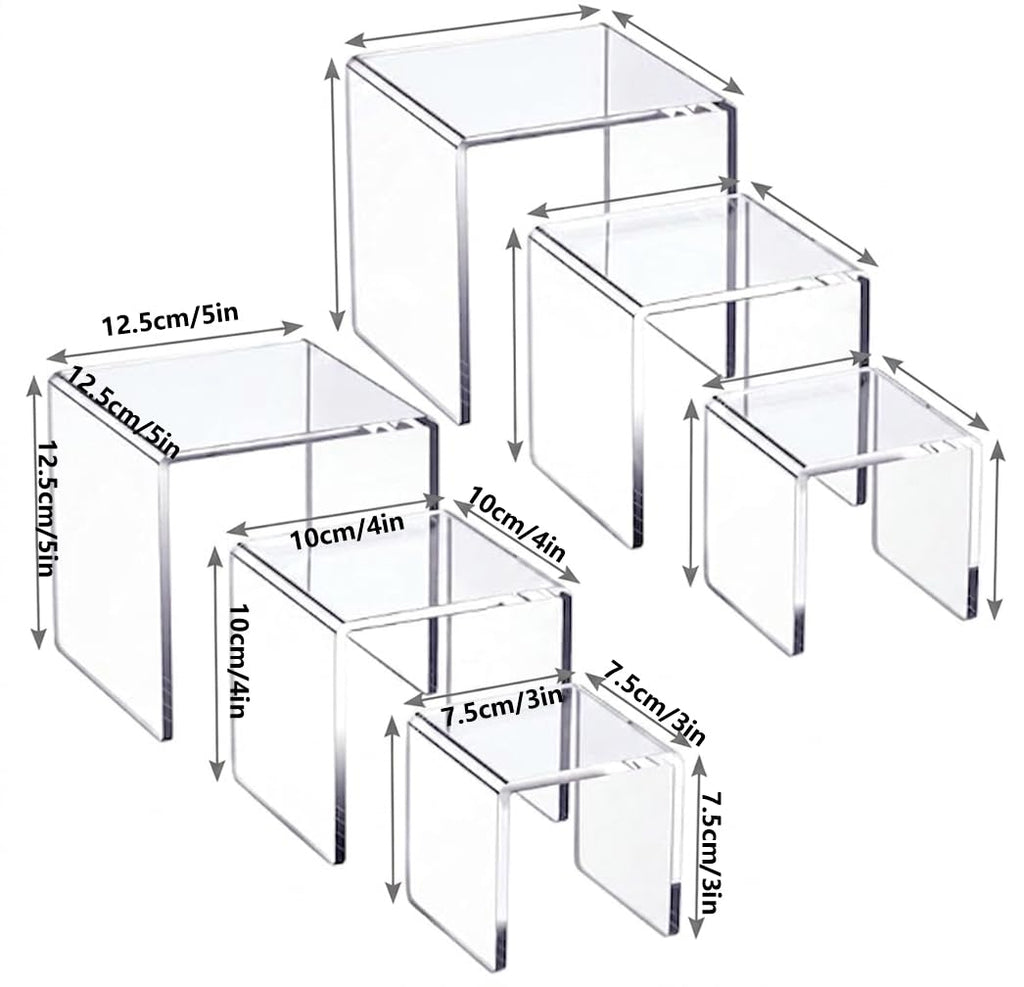 （6pack） Acrylic Display Riser Stand Set - Clear Stackable Showcase Shelves for Desserts, Jewelry, Toys & More - Multiple Sizes, Protective Film, Easy Clean Tiered Display for Kitchen