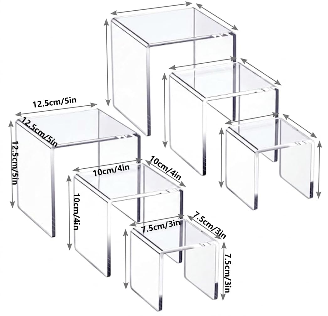 （6pack） Acrylic Display Riser Stand Set - Clear Stackable Showcase Shelves for Desserts, Jewelry, Toys & More - Multiple Sizes, Protective Film, Easy Clean Tiered Display for Kitchen
