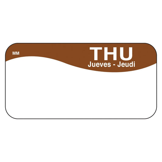 DayMark Safety Systems MoveMark IT110036 Day of The Week Trilingual Removable Label, Thursday, 1" x 2", Brown, Roll of 1000