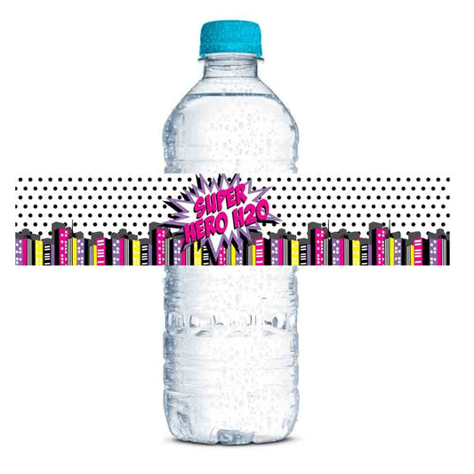 Super Hero Girl Birthday Themed Waterproof Water Bottle Sticker Wrappers 20 Wrap Around Labels Sized 1.75" x 8.5" by AmandaCreation
