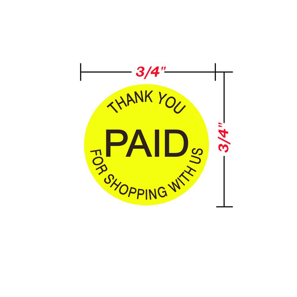 Bright yellow paid thank you stickers with "Thank You for Shopping with Us" message, round 3/4 inch self-adhesive labels by Remarkable