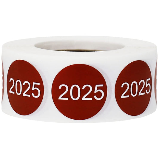 InStockLabels 2025 Year Stickers (Cranberry) - 0.75", 500 Round Stickers Per Roll – Round Labels for File Folders, Sticker Labels for End of Year Organization, Circle Stickers for Office & Home Use
