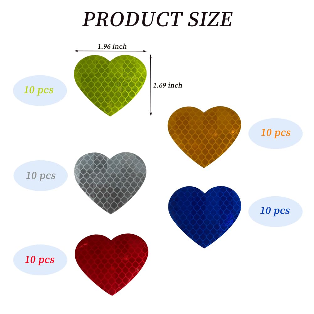 50pcs Warning Heart-Shaped Reflective Decals, Waterproof Reflector Tapes Safety Stickers for Night Visibility on Motorcycle, Bicycle, Car