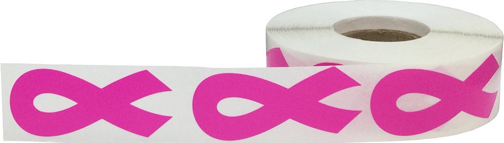 Hot pink awareness ribbon stickers, 2-inch all-purpose adhesive labels, showing vibrant pink ribbons for awareness campaigns.
