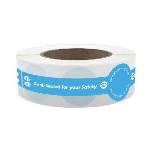 Tamper Evident Drink, Food Safety Seals, Blue, Generic Text, Roll of 250 Labels, Perfect for to Go Cups and Containers, Food Secure Stickers