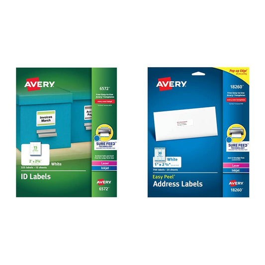 Avery ID Labels, Sure Feed Technology, Permanent Adhesive, 2" x 2-5/8", 225 Labels (6572) & Easy Peel Printable Address Labels with Sure Feed, 1" x 2-5/8", White, 750 Blank Mailing Labels (18260) Labels + Labels, (18260)