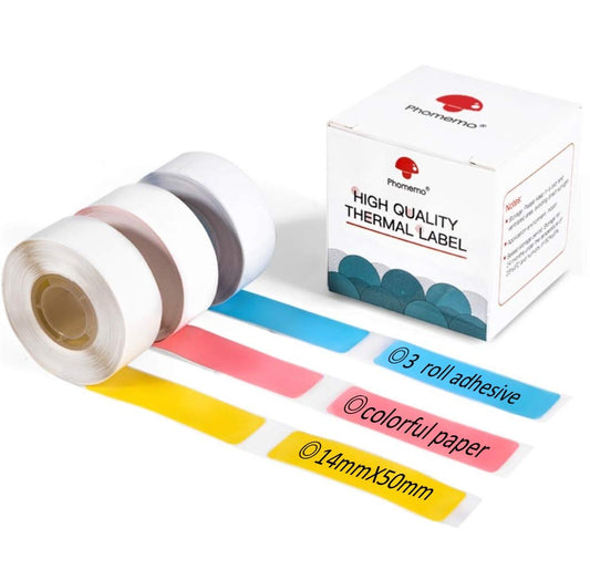 Phomemo D30 Adhesive Color Label Paper 1/2" X 1 7/8" (14mm X 50mm) 130 Labels/Roll, Black on Pink, Bule,Yellow, 3 Roll