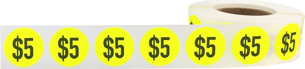 $5 Price Stickers Fluorescent Yellow .75 Inch Round Circle Dots 500 Total Adhesive Stickers $5