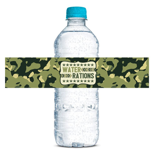 Ten Hut! Army Camouflage Birthday Themed Waterproof Water Bottle Sticker Wrappers 20 Wrap Around Labels Sized 1.75" x 8.5" by AmandaCreation