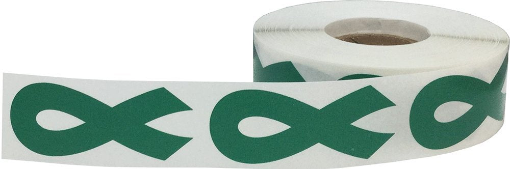 Green awareness ribbon stickers, 2-inch all-purpose adhesive labels , shown on a white background.