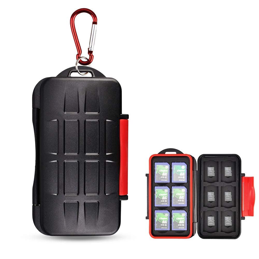 Kiorafoto water-resistant memory card case with 120 labels, holding 12 SD cards and 12 Micro SD cards, organized and protected.