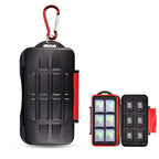Kiorafoto water-resistant memory card case with 120 labels, holding 12 SD cards and 12 Micro SD cards, organized and protected.