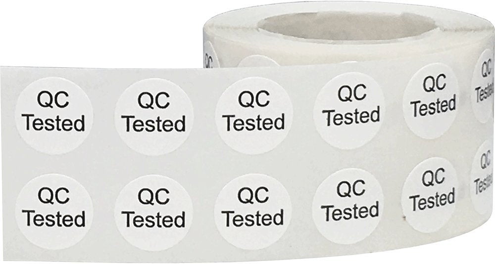 Quality Control QC Tested Stickers – 1/2 Inch Round Adhesive Labels, 1000 Total Stickers Per Roll, White with Black Text for Product Inspection, Packaging, and Manufacturing – Made in the USA 1/2" Circle