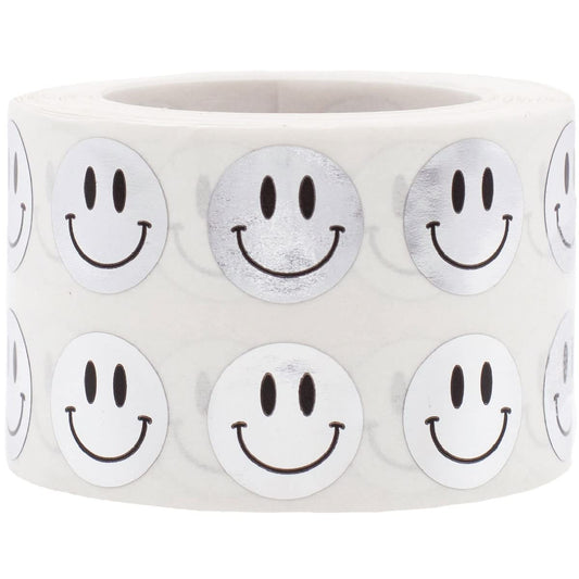 1/2" Inch Small Metallic Silver Happy Face Labels, 1,000 Total Adhesive Stickers on a Roll, Perfect for Kids Classroom Incentives, Motivational Chart Use