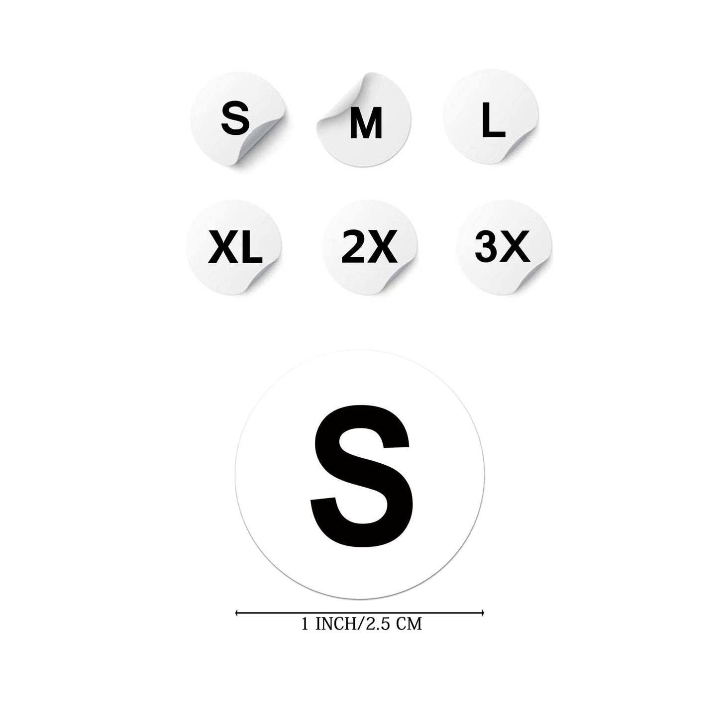 HYBSK Clothing Size Stickers White Round Labels for Retail Apparel S M L XL 2X 3X Total 6 Rolls (S-3X) S-3x