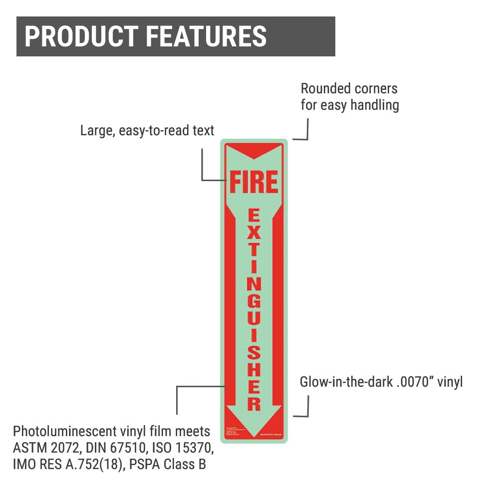 Fire Extinguisher Signs Glow in The Dark 2-pk., 3" x 13.5" Permanent Self Adhesive Vinyl with Rounded Corners, ASTM, DIN, ISO, IMO RES A.752(18), PSPA Compliant, J. J. Keller & Associates, Inc.