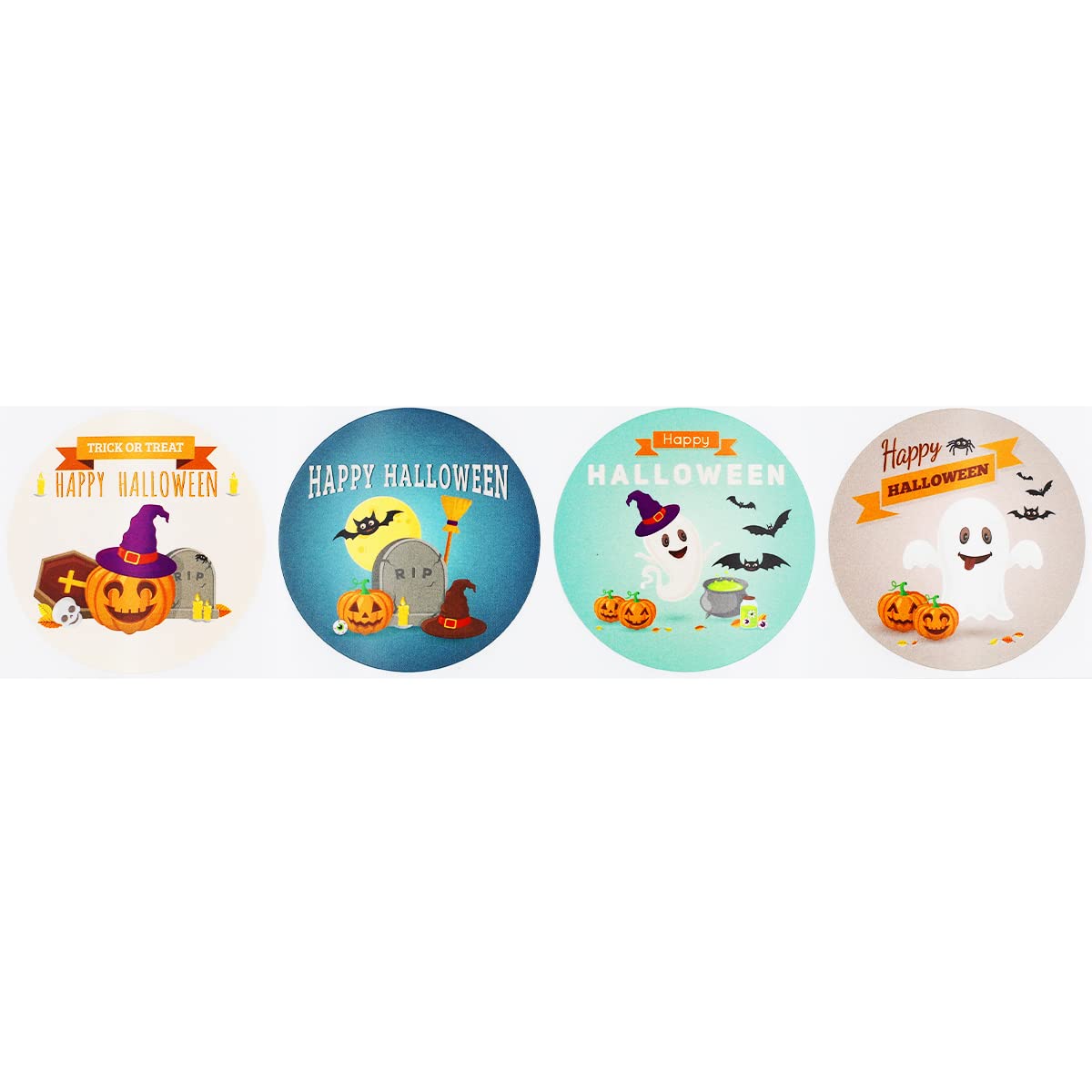 Happy Halloween Stickers 2.5 Inch Round Circle Dots 4 Different Designs 100 Total Adhesive Stickers