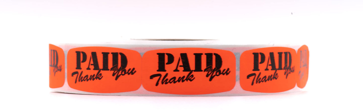 Bright Orange 'Paid - Thank You' Sticker Labels - High-Contrast, High-Adhesive, Ideal for Supermarkets and Other Stores - 1000 Count Roll of 1 1/2" x 5/8" Size Stickers Paid - Thank You