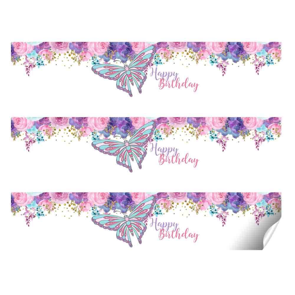 Floral Watercolor Butterfly Birthday Themed Waterproof Water Bottle Sticker Wrappers 20 Wrap Around Labels Sized 1.75" x 8.5" by AmandaCreation