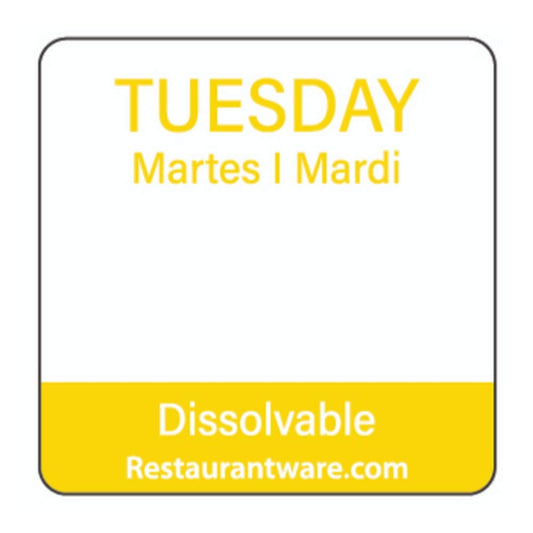 Restaurantware RW Smart 1 Inch x 1 Inch Food Rotation Labels 500 Dissolvable Food Safety Labels - Premium Trilingual Yellow Paper Day Of The Week Labels For Food Storage Or Prep Tuesday