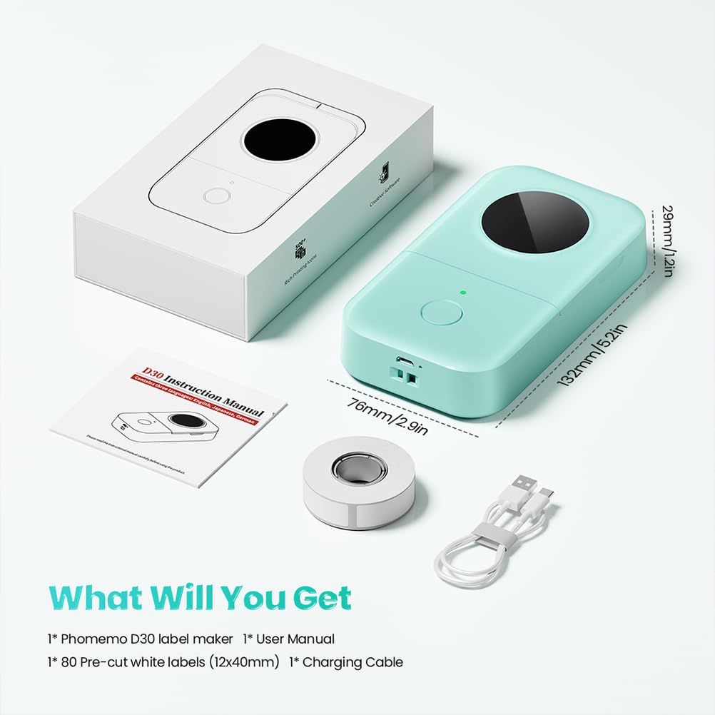 Phomemo D30 Label Maker Machine with Tape, Bluetooth Mini Label Printer Green Machine + 1 Label Tape
