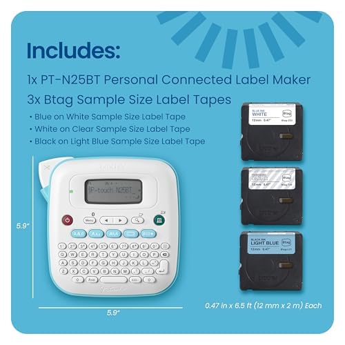 Brother P-Touch N25BTV Personal Connected Label Maker, Bundle PTN25BTV3 Bluetooth + 3 Tapes