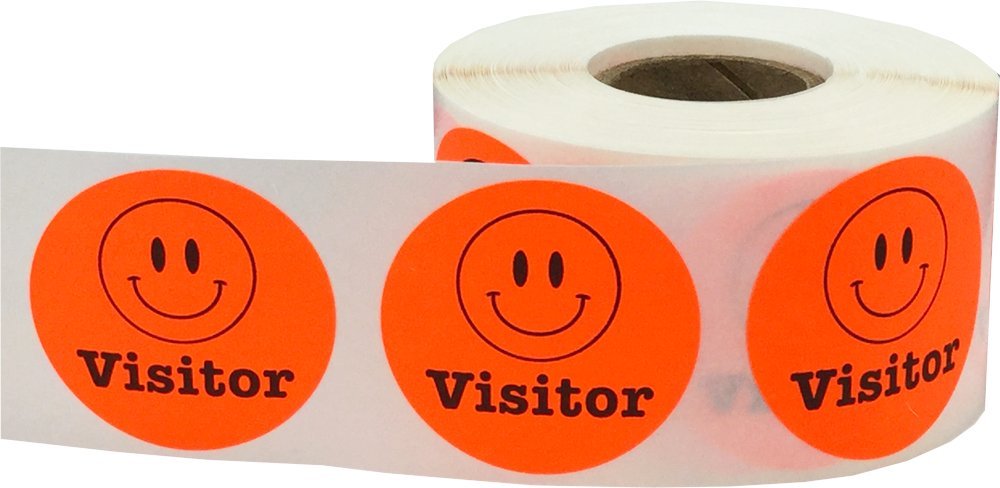 Happy Face Visitor Labels Fluorescent Red 1 1/2 Inch Round Circle Dots 500 Adhesive Stickers