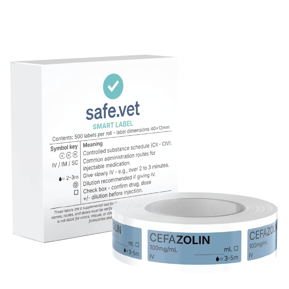 Veterinary Smart Syringe Labels for Surgery and Emergency – Clinical-Grade Color-Coded Roll of 500 | Vet Labels for Medication Safety in Vet Clinics, Hospitals & ICU (Cefazolin) Cefazolin